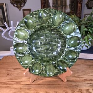 Vintage 1977 Signed E. Collins Green Majolica Style Deviled Egg Plate - 10"